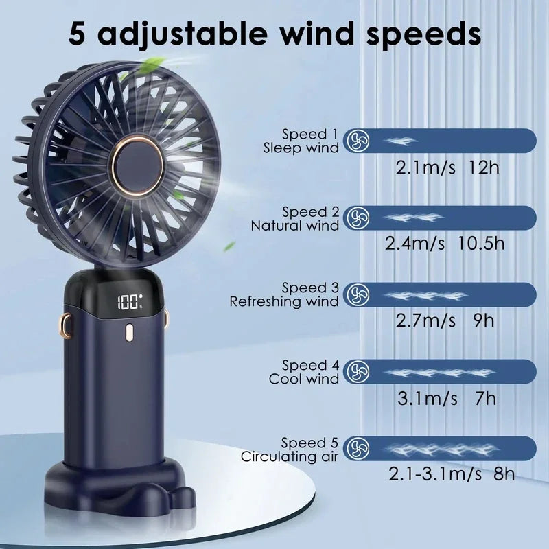 Mini ventilateur électrique portable rechargeable par USB, pliable, à suspendre autour du cou, pour l'extérieur, réglable sur 5 vitesses, puissant rafraîchisseur d'air