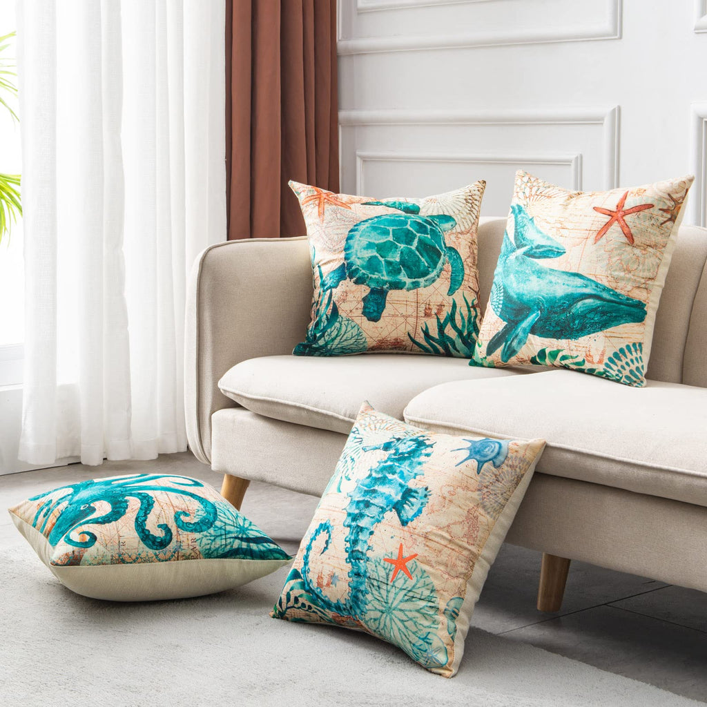 Housses de coussin imprimées tortues marines pour la décoration intérieure, canapé et fauteuil.