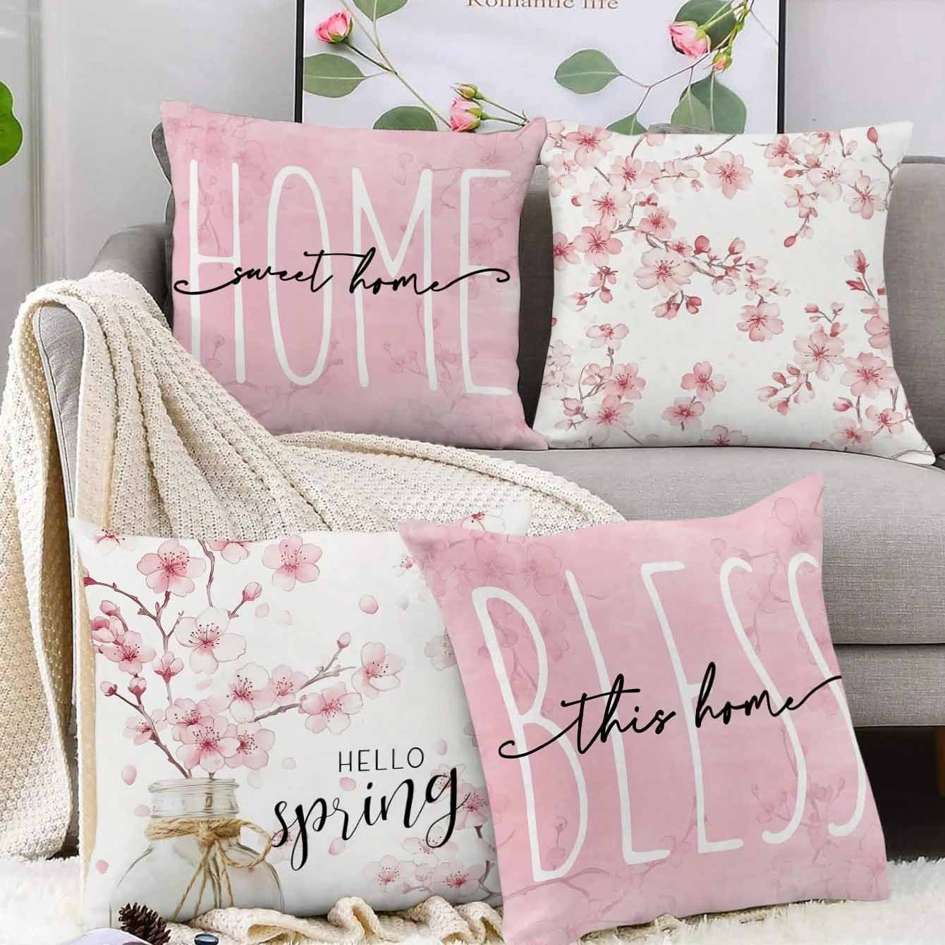 Housse de coussin à motif de fleurs de cerisier printanières pour canapé