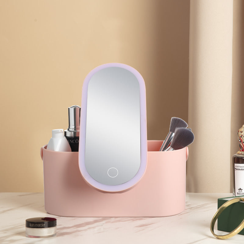 Boîte de rangement avec miroir de maquillage LED portable, idéale pour les voyages.