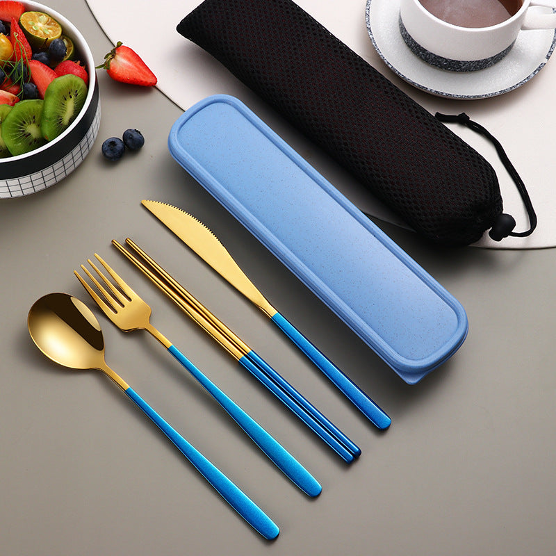 Ensemble de vaisselle 304 pièces, couverts, accessoires de cuisine, ensemble de voyage et de camping, couteau, fourchette, cuillère dorés, couverts portables avec étui