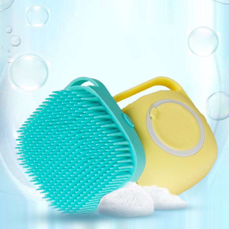Brosse de bain pour chat et chien à poils souples en silicone, peigne et distributeur de shampoing pour le toilettage et le démêlage des poils morts.