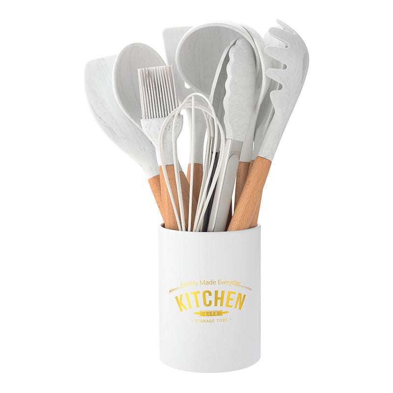 Ensemble d'ustensiles de cuisine en silicone avec poignées en bois blanc marbré