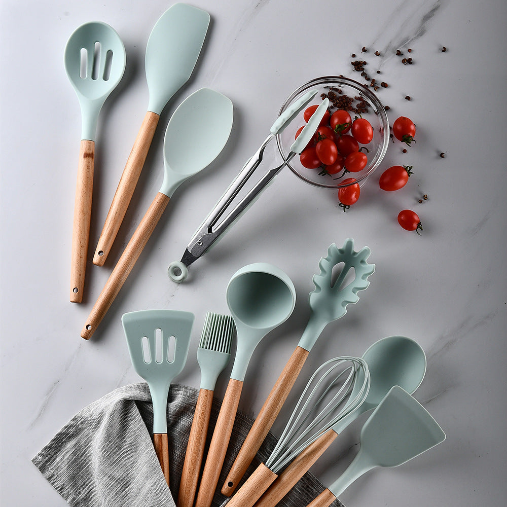 Ustensiles de cuisine en silicone avec poignée en bois