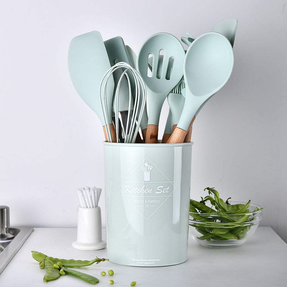 Ustensiles de cuisine en silicone avec poignée en bois