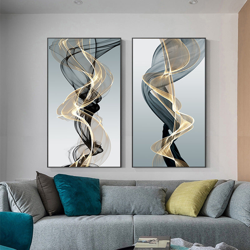 Peinture sur toile abstraite postmoderne à lignes noires et jaunes