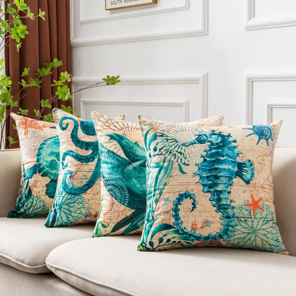 Housses de coussin imprimées tortues marines pour la décoration intérieure, canapé et fauteuil.