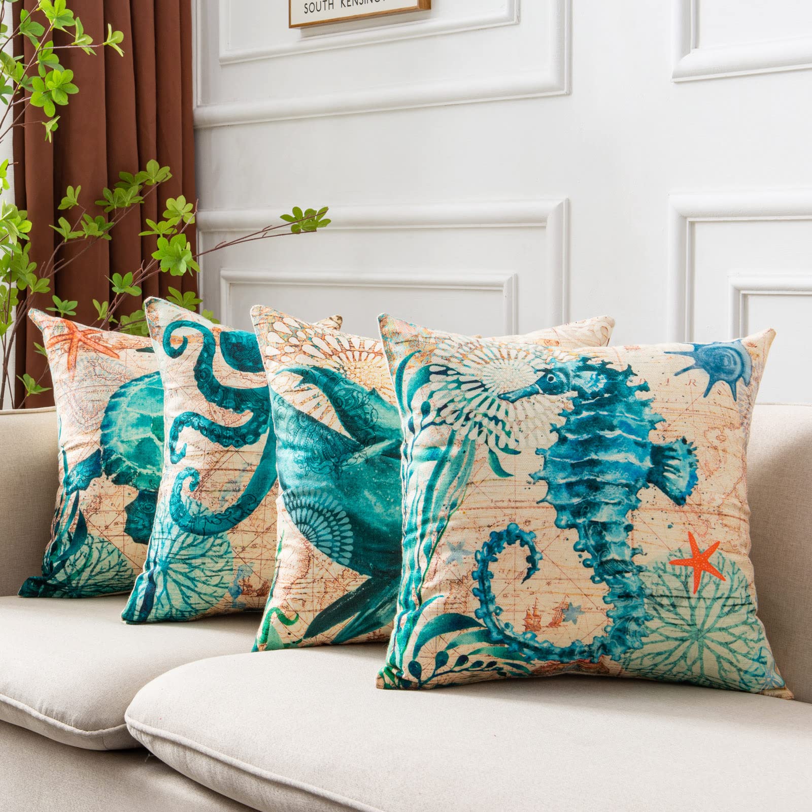 Housses de coussin imprimées tortues marines pour la décoration intérieure, canapé et fauteuil.