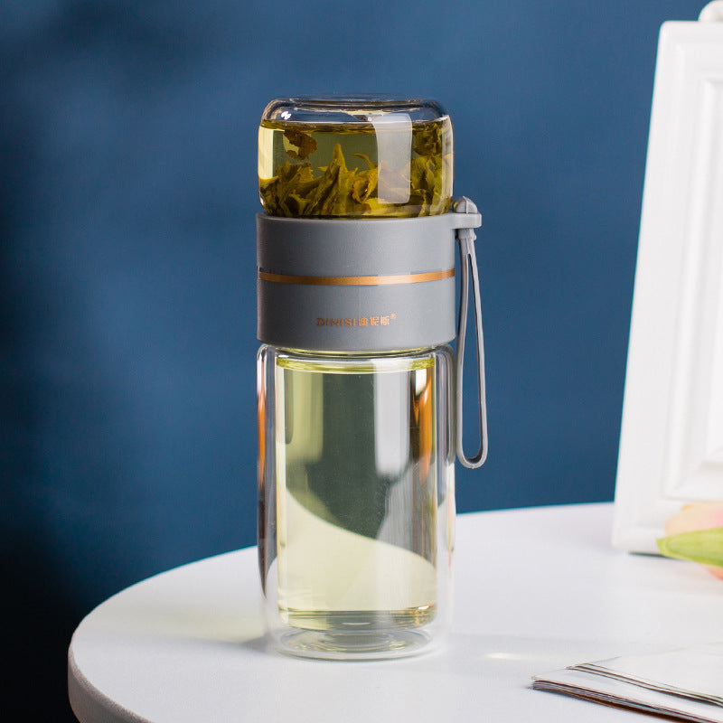 Bouteille d'eau en verre avec infuseur à thé intégré, filtre pour séparer le thé, bouteille en verre à double paroi étanche.
