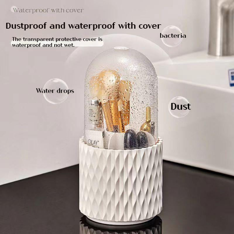 Boîte de rangement de bureau transparente rotative à 360° pour pinceaux et stylos de maquillage, avec couvercle et couvercle anti-poussière.