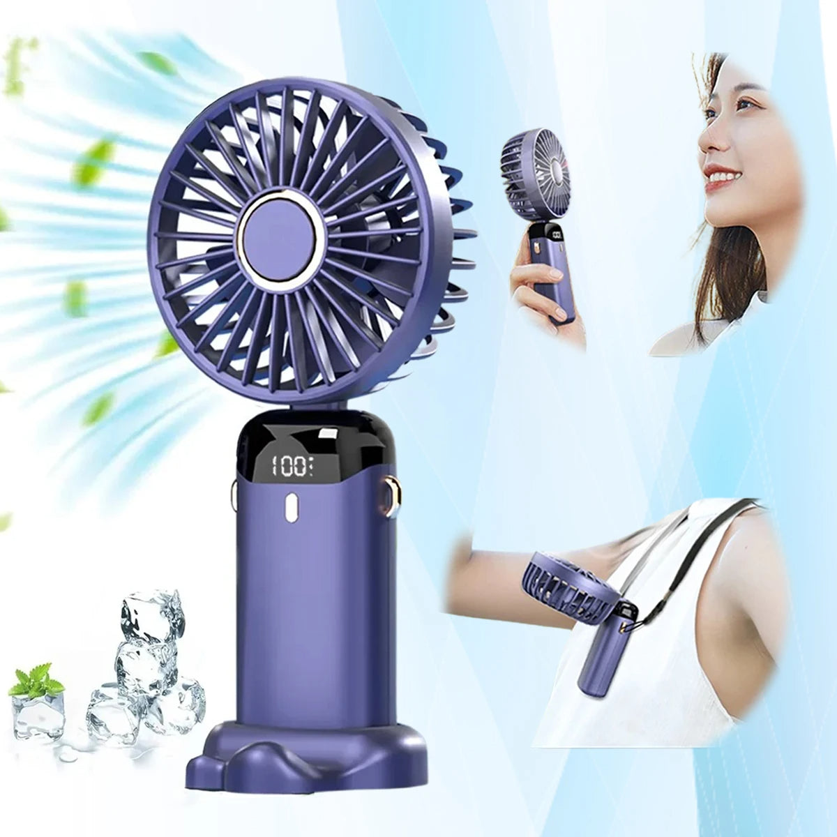 Mini ventilateur électrique portable rechargeable par USB, pliable, à suspendre autour du cou, pour l'extérieur, réglable sur 5 vitesses, puissant rafraîchisseur d'air