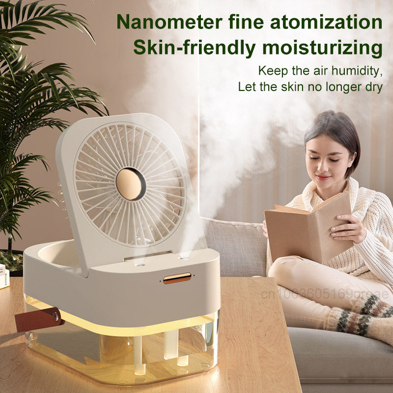 Ventilateur brumisateur portable avec veilleuse intégrée, idéal pour l'été et la maison.