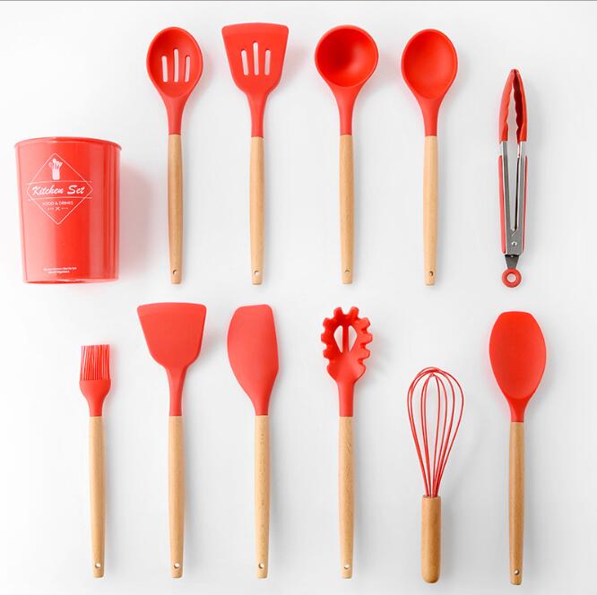 Ustensiles de cuisine en silicone avec poignée en bois