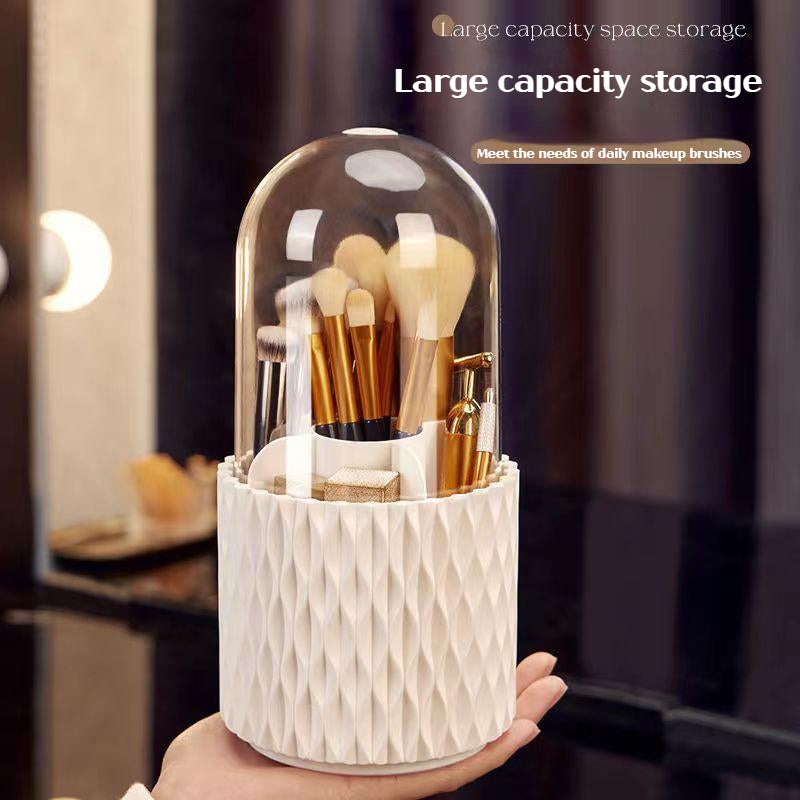 Boîte de rangement de bureau transparente rotative à 360° pour pinceaux et stylos de maquillage, avec couvercle et couvercle anti-poussière.