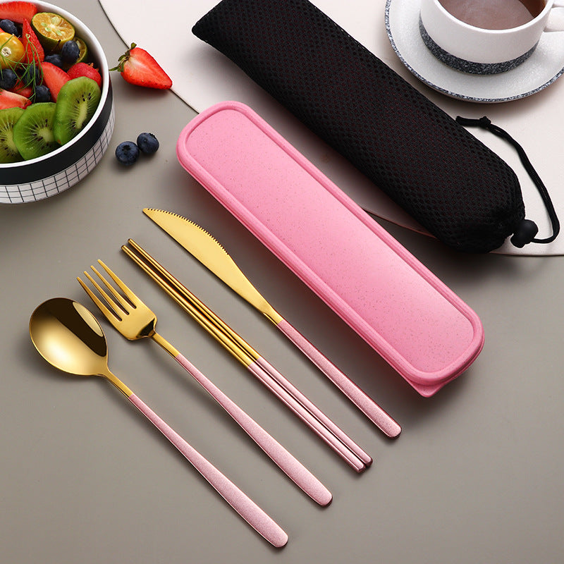 Ensemble de vaisselle 304 pièces, couverts, accessoires de cuisine, ensemble de voyage et de camping, couteau, fourchette, cuillère dorés, couverts portables avec étui