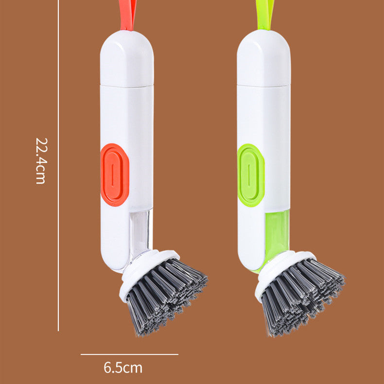 Brosse de nettoyage multifonctionnelle à long manche, remplie de liquide, avec distributeur de liquide et deux têtes de rechange pour accessoires de nettoyage de cuisine.
