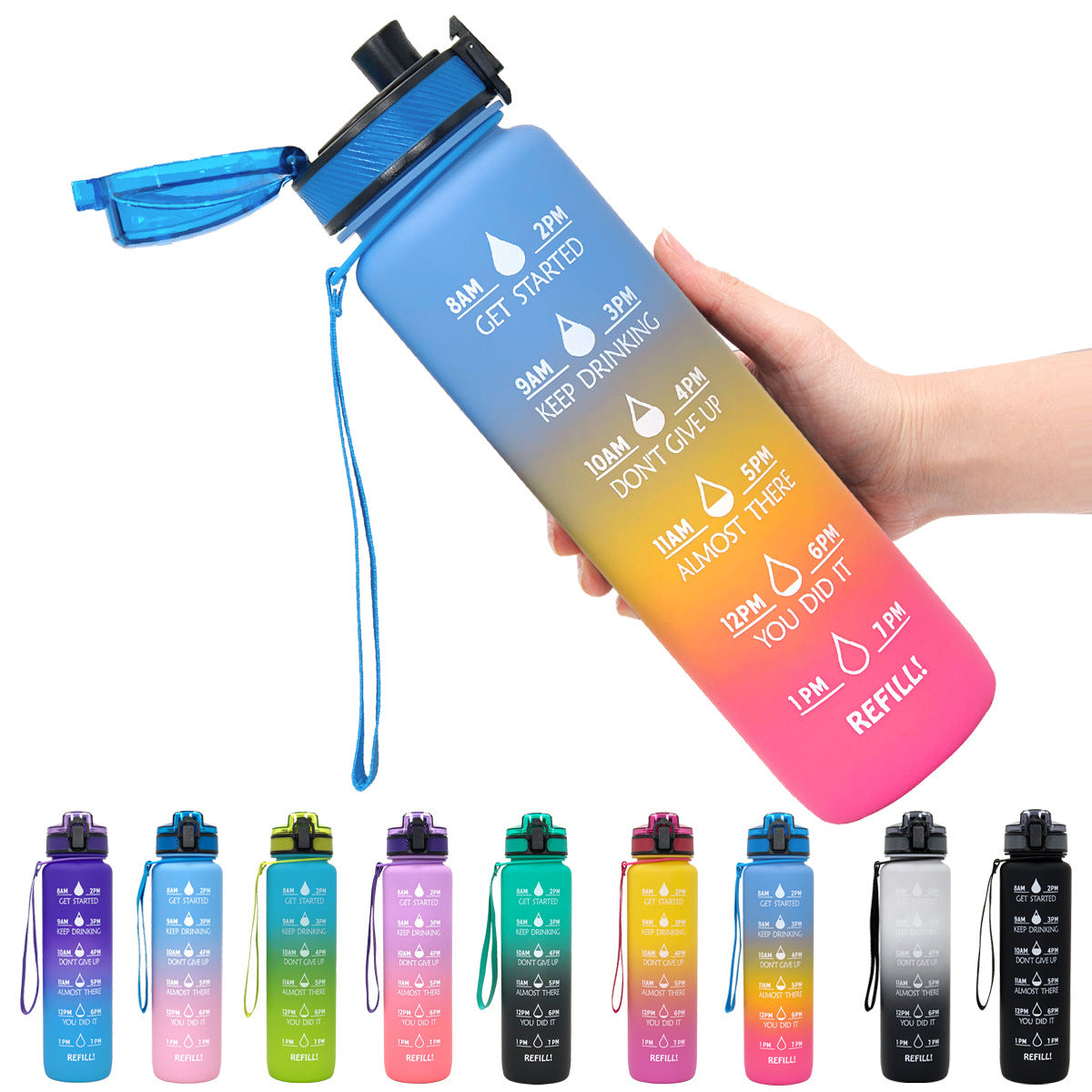 Gourde en Tritan de 1 L avec indicateur de temps, couvercle rebondissant, gourde de cyclisme motivante, gobelet étanche pour le sport et le fitness