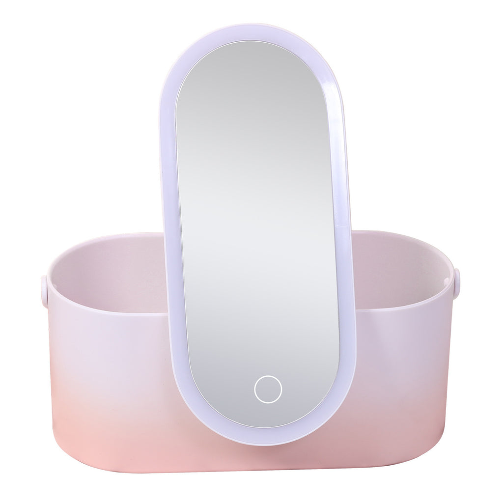 Boîte de rangement avec miroir de maquillage LED portable, idéale pour les voyages.