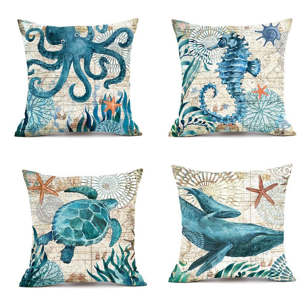 Housses de coussin imprimées tortues marines pour la décoration intérieure, canapé et fauteuil.