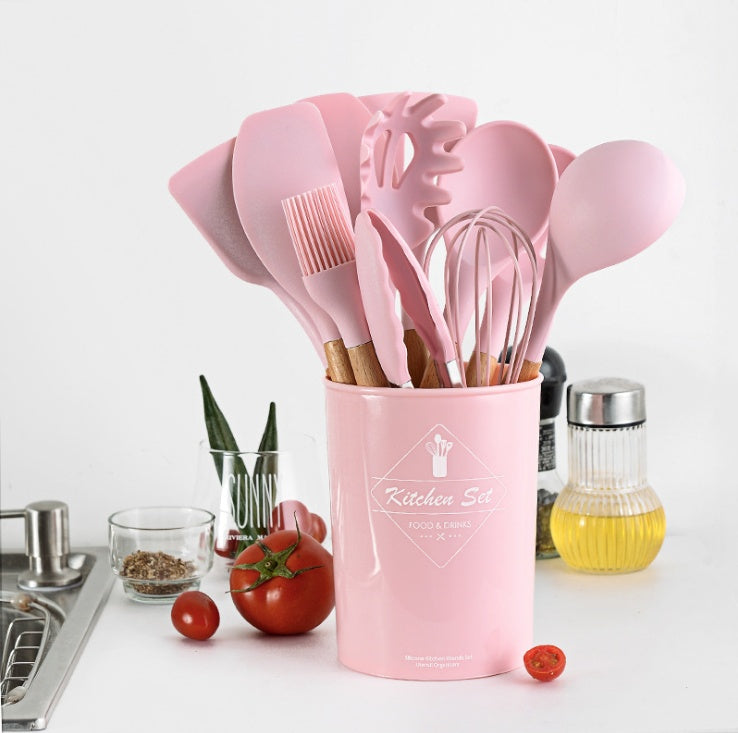 Ustensiles de cuisine en silicone avec poignée en bois