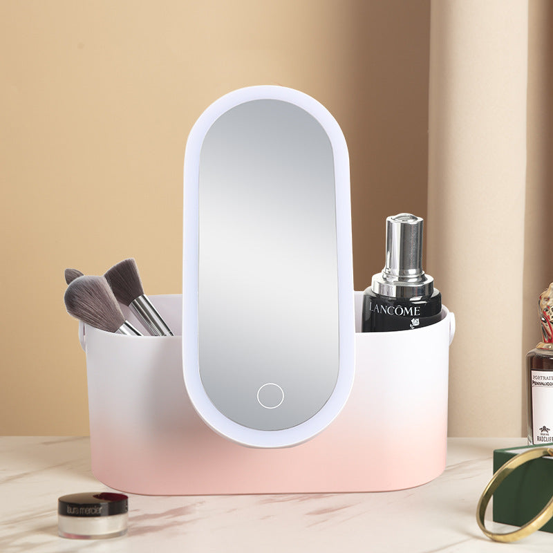 Boîte de rangement avec miroir de maquillage LED portable, idéale pour les voyages.