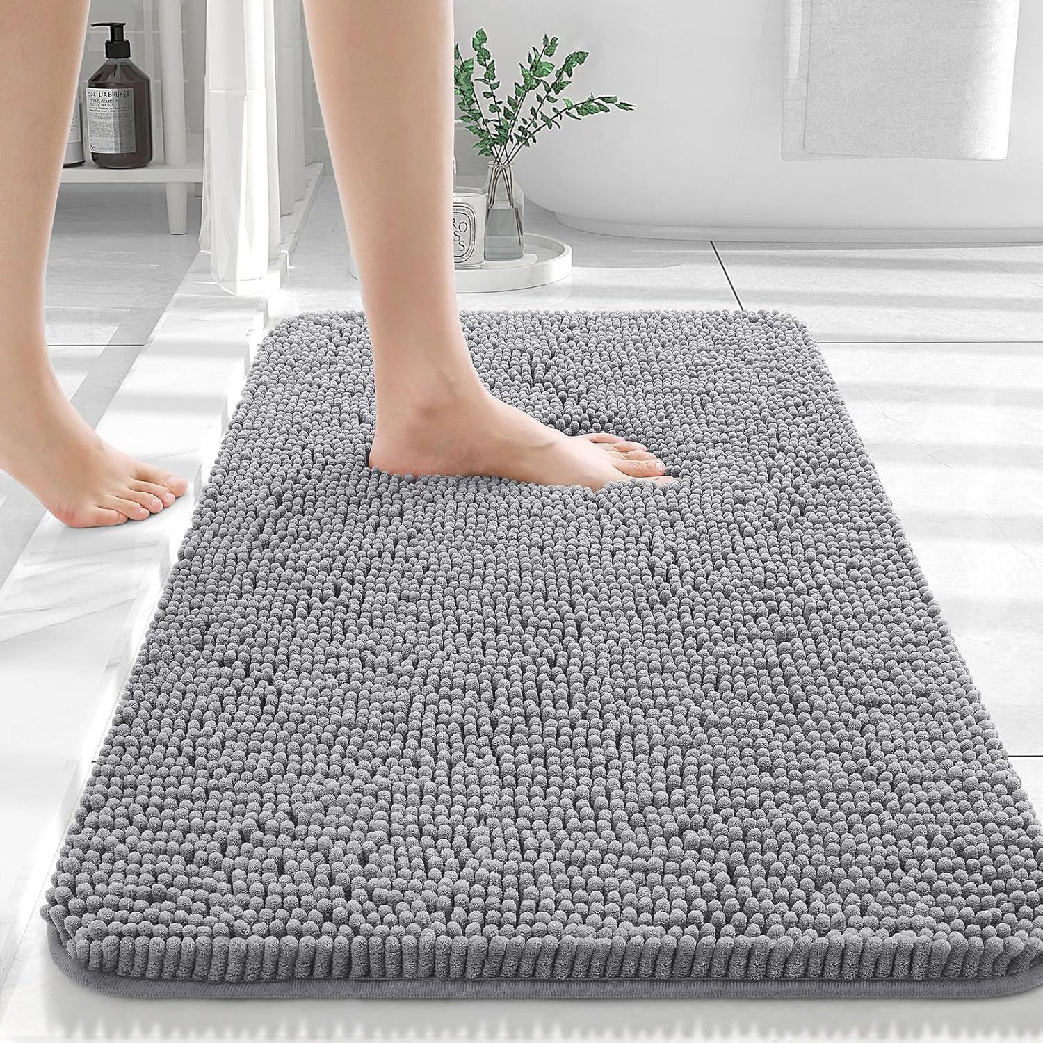 Tapis de sol en chenille de laine longue, absorbant, uni, antidérapant, pour salle de bain ou chambre à coucher, avec pédales.