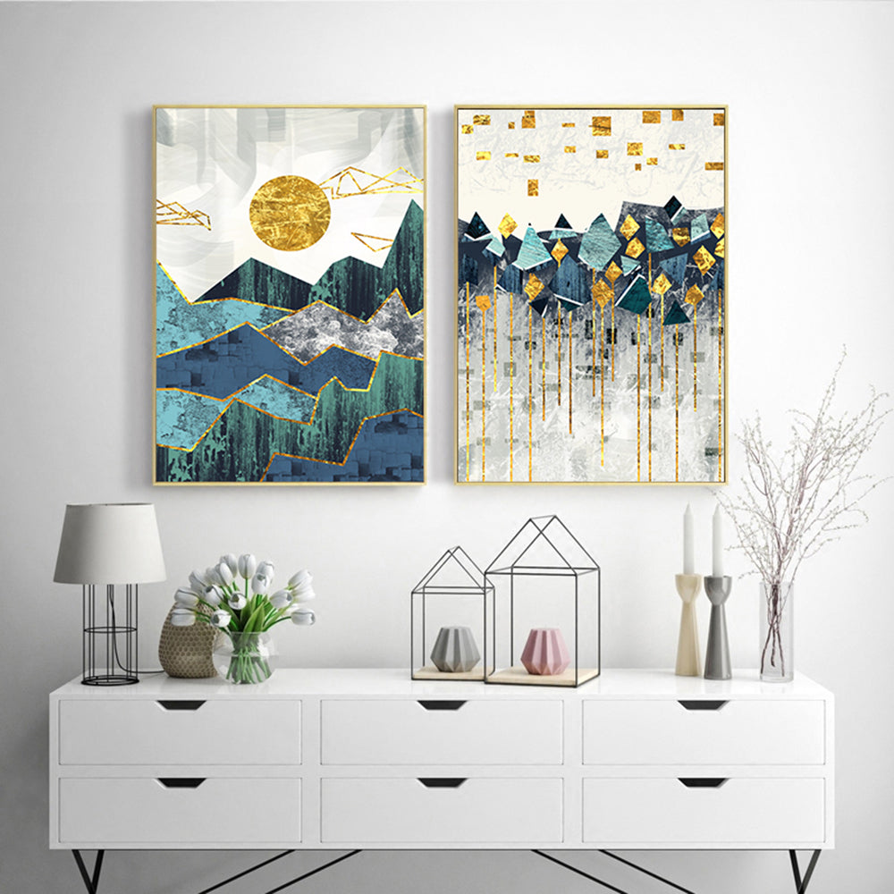 Tableau sur toile représentant un paysage de montagne géométrique abstrait nordique