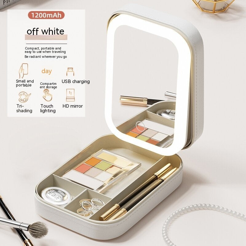 Boîte de rangement pour maquillage avec miroir lumineux LED, boîte de rangement portable pour cosmétiques de voyage, organisateur de rangement lumineux tactile