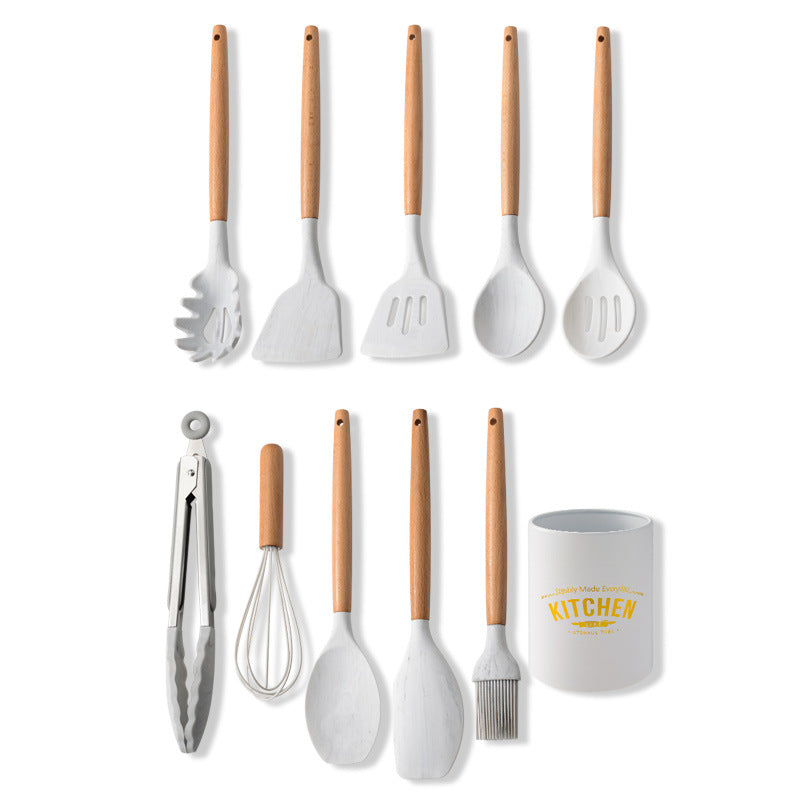 Ensemble d'ustensiles de cuisine en silicone avec poignées en bois blanc marbré