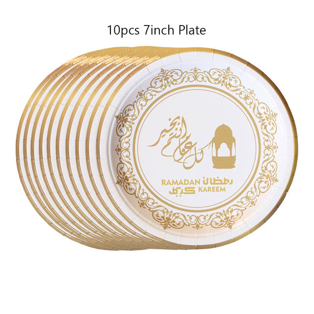 Nouvelle assiette jetable Eid Mubarak blanche et noire Ramadan