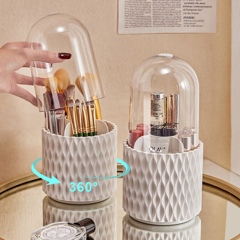 Boîte de rangement de bureau transparente rotative à 360° pour pinceaux et stylos de maquillage, avec couvercle et couvercle anti-poussière.