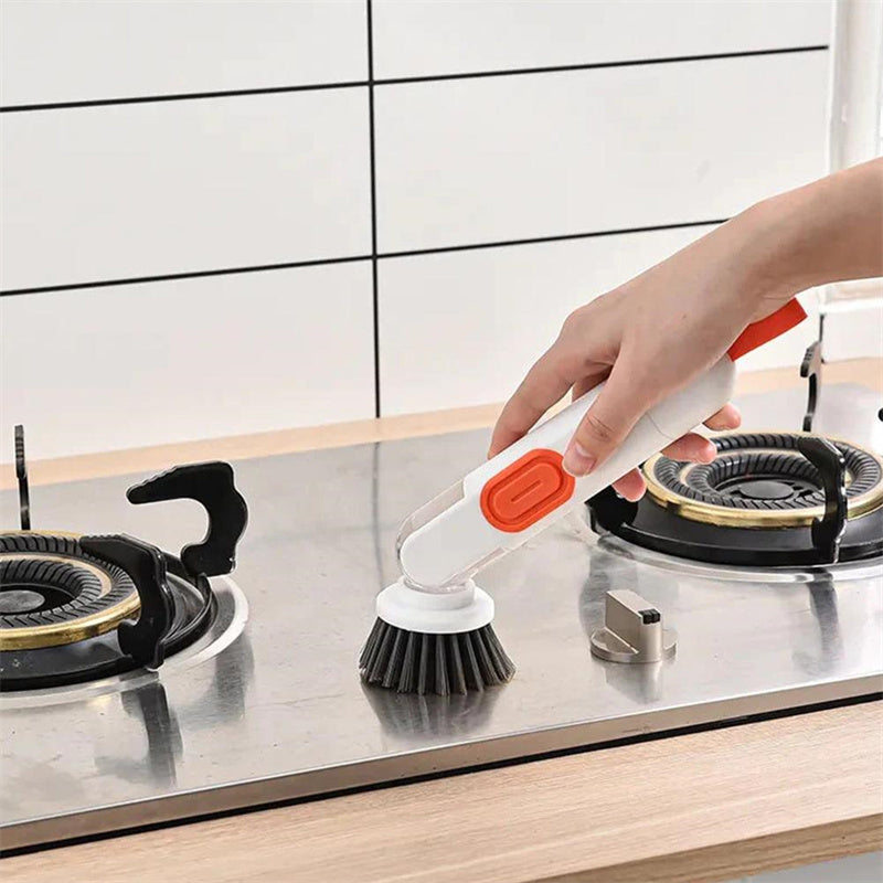 Brosse de nettoyage multifonctionnelle à long manche, remplie de liquide, avec distributeur de liquide et deux têtes de rechange pour accessoires de nettoyage de cuisine.