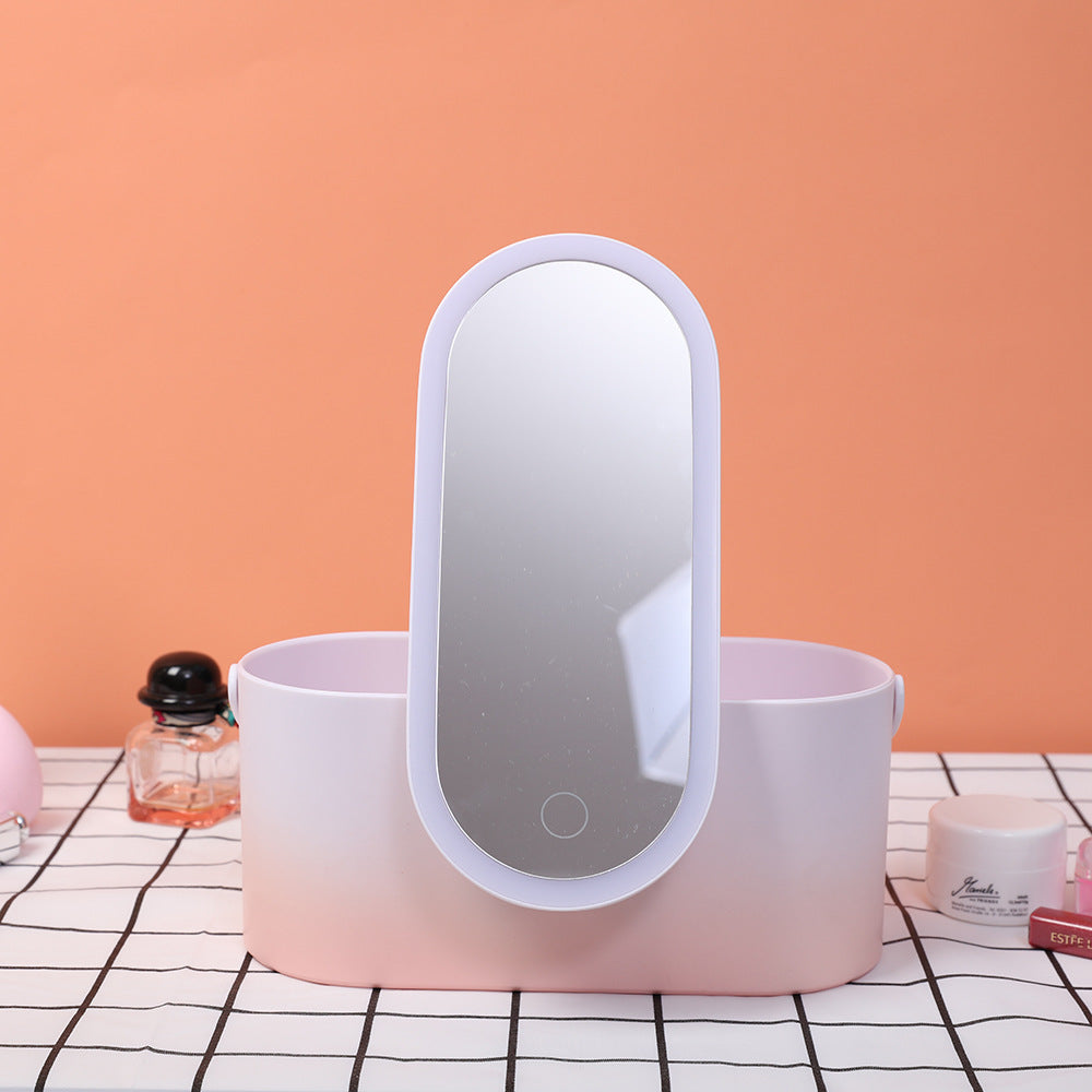 Boîte de rangement avec miroir de maquillage LED portable, idéale pour les voyages.
