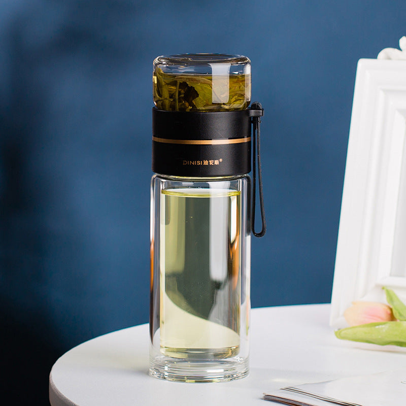 Bouteille d'eau en verre avec infuseur à thé intégré, filtre pour séparer le thé, bouteille en verre à double paroi étanche.