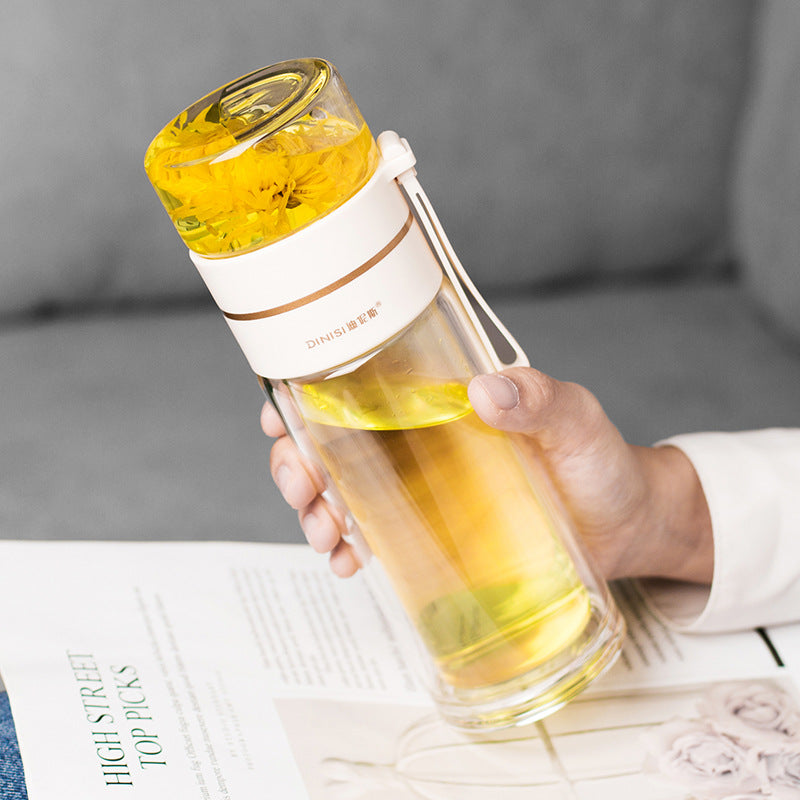 Bouteille d'eau en verre avec infuseur à thé intégré, filtre pour séparer le thé, bouteille en verre à double paroi étanche.