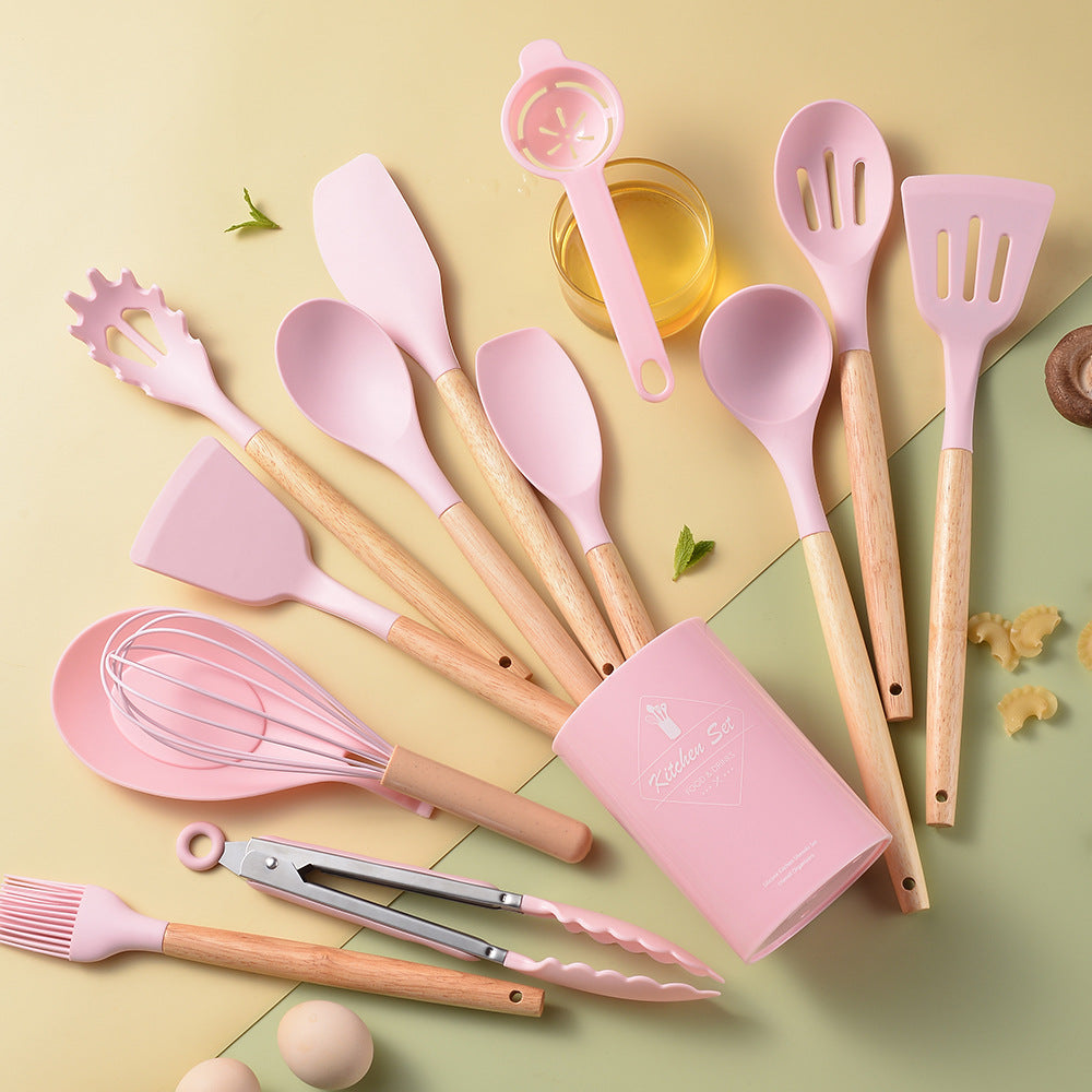 Ustensiles de cuisine en silicone avec poignée en bois