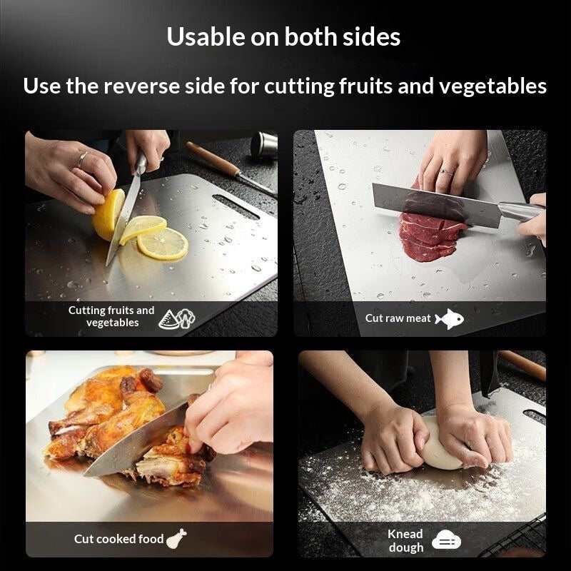 Planche à découper en acier inoxydable 304, grande planche à découper double face anti-moisissure 316 pour la cuisine, idéale pour couper et étaler la pâte, avec étiquetage transfrontalier.