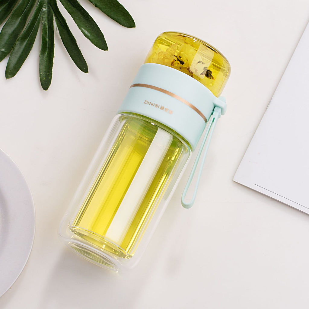 Bouteille d'eau en verre avec infuseur à thé intégré, filtre pour séparer le thé, bouteille en verre à double paroi étanche.