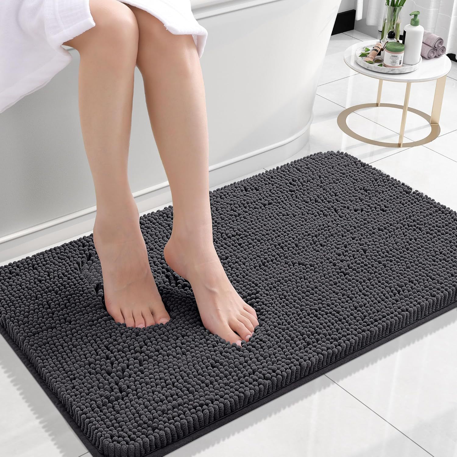 Tapis de sol en chenille de laine longue, absorbant, uni, antidérapant, pour salle de bain ou chambre à coucher, avec pédales.