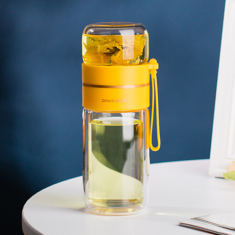 Bouteille d'eau en verre avec infuseur à thé intégré, filtre pour séparer le thé, bouteille en verre à double paroi étanche.
