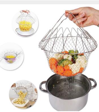 Panier à friture multifonction pliable en acier inoxydable, outil de cuisine flexible pour la friture, le lavage des fruits et légumes