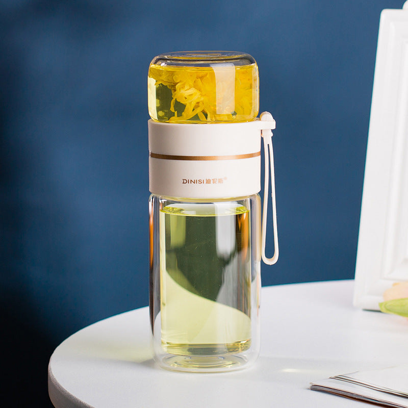 Bouteille d'eau en verre avec infuseur à thé intégré, filtre pour séparer le thé, bouteille en verre à double paroi étanche.
