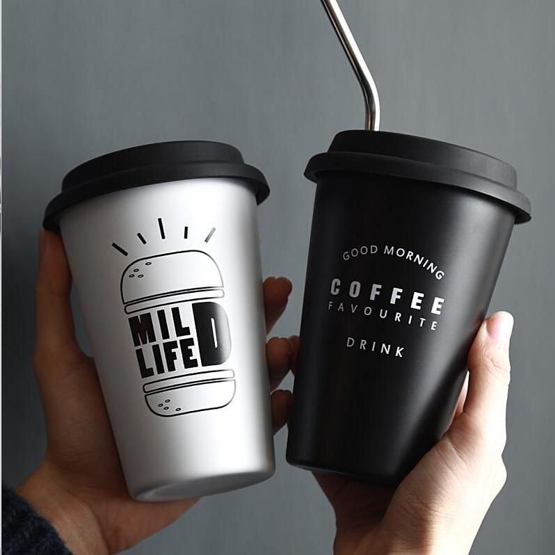 Gobelets ROKEN en acier inoxydable avec couvercles et pailles, 350 ml, tasses à café en métal, qualité alimentaire, sans BPA, pour enfants et adultes