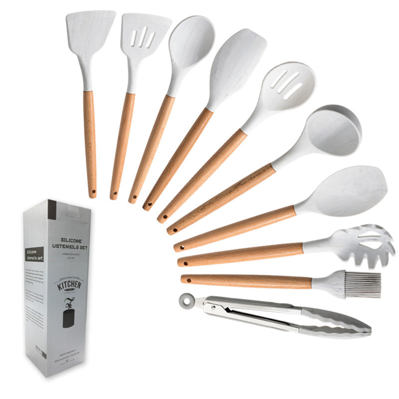 Ensemble d'ustensiles de cuisine en silicone avec poignées en bois blanc marbré