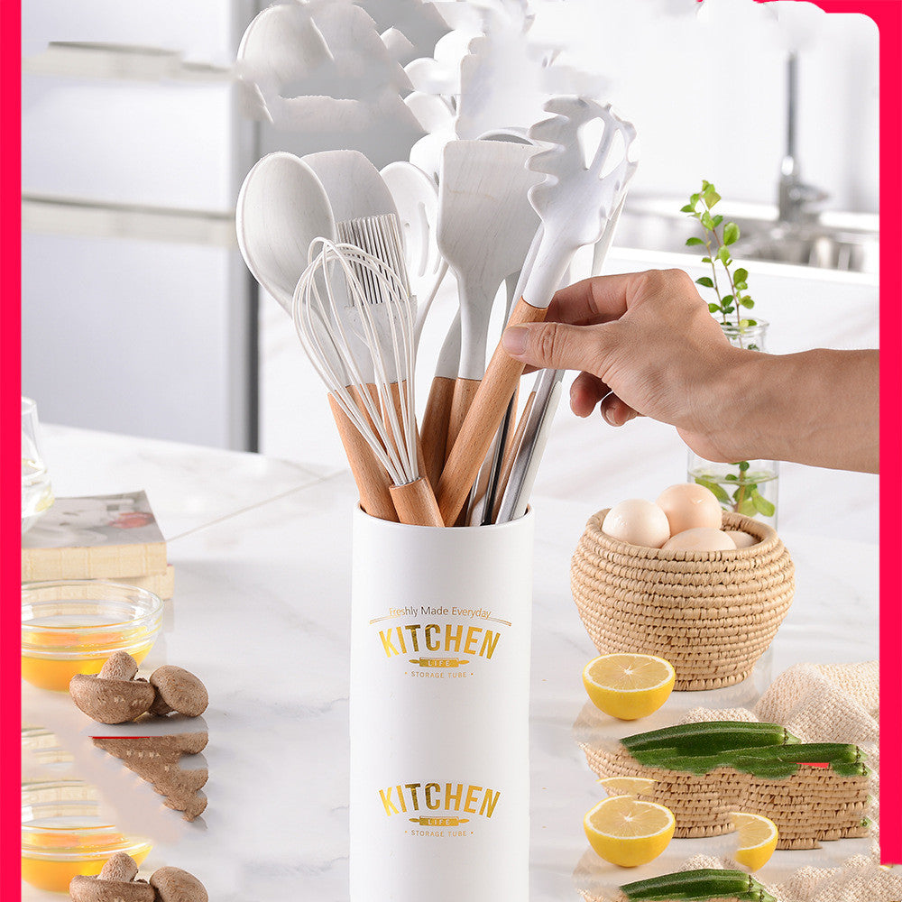 Ensemble d'ustensiles de cuisine en silicone avec poignées en bois blanc marbré
