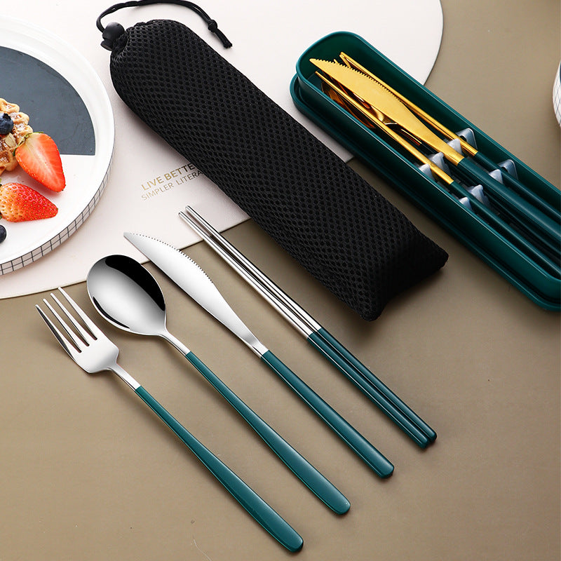 Ensemble de vaisselle 304 pièces, couverts, accessoires de cuisine, ensemble de voyage et de camping, couteau, fourchette, cuillère dorés, couverts portables avec étui