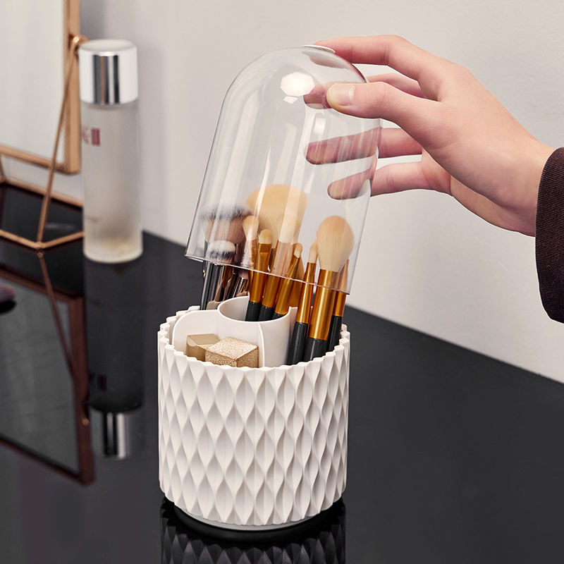 Boîte de rangement de bureau transparente rotative à 360° pour pinceaux et stylos de maquillage, avec couvercle et couvercle anti-poussière.