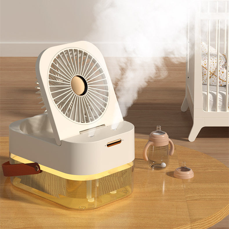 Ventilateur brumisateur portable avec veilleuse intégrée, idéal pour l'été et la maison.
