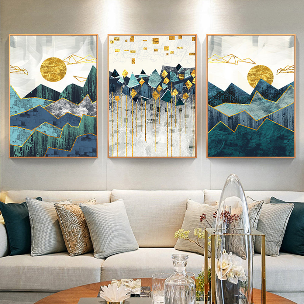 Tableau sur toile représentant un paysage de montagne géométrique abstrait nordique