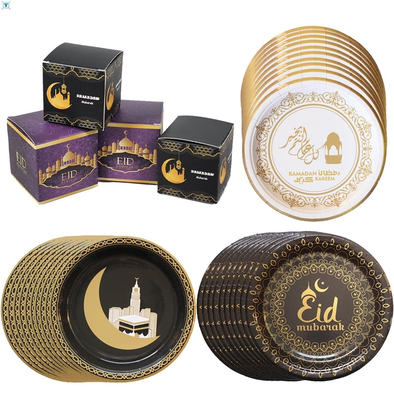 Nouvelle assiette jetable Eid Mubarak blanche et noire Ramadan
